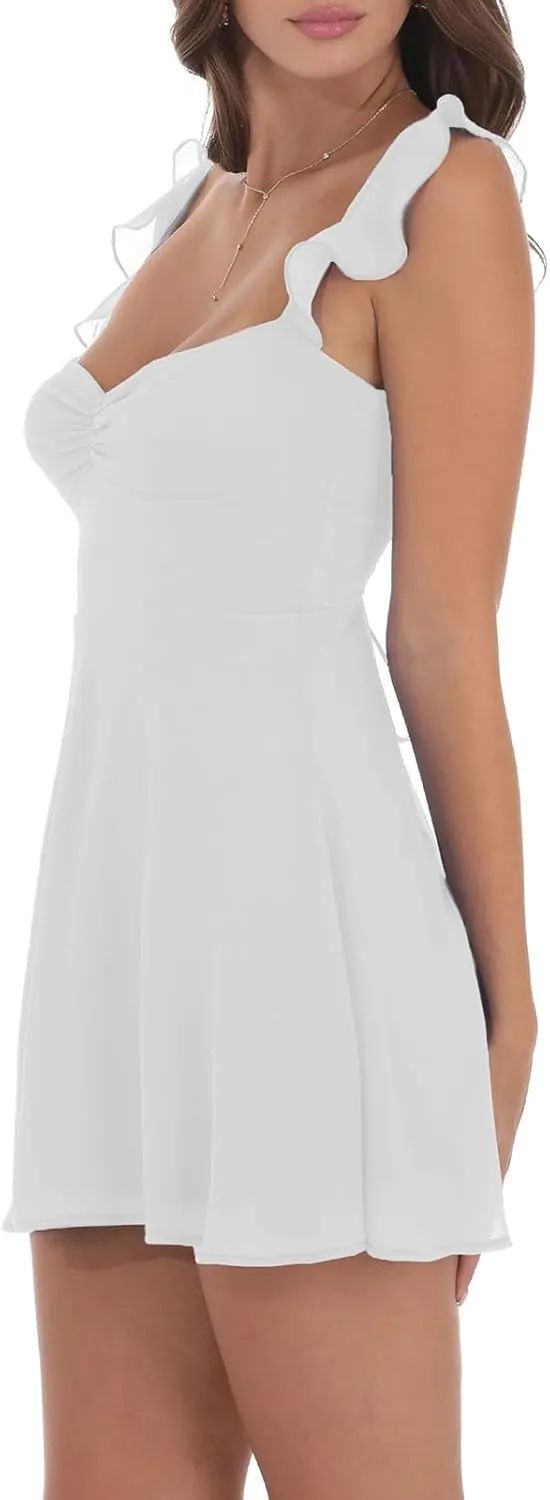 Women Fairy Lace Mini Cami Dress Y2k Sleeveless Ruffle Solid Dress Backless Smocked Waist Mesh Dress