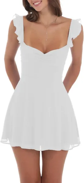 Women Fairy Lace Mini Cami Dress Y2k Sleeveless Ruffle Solid Dress Backless Smocked Waist Mesh Dress