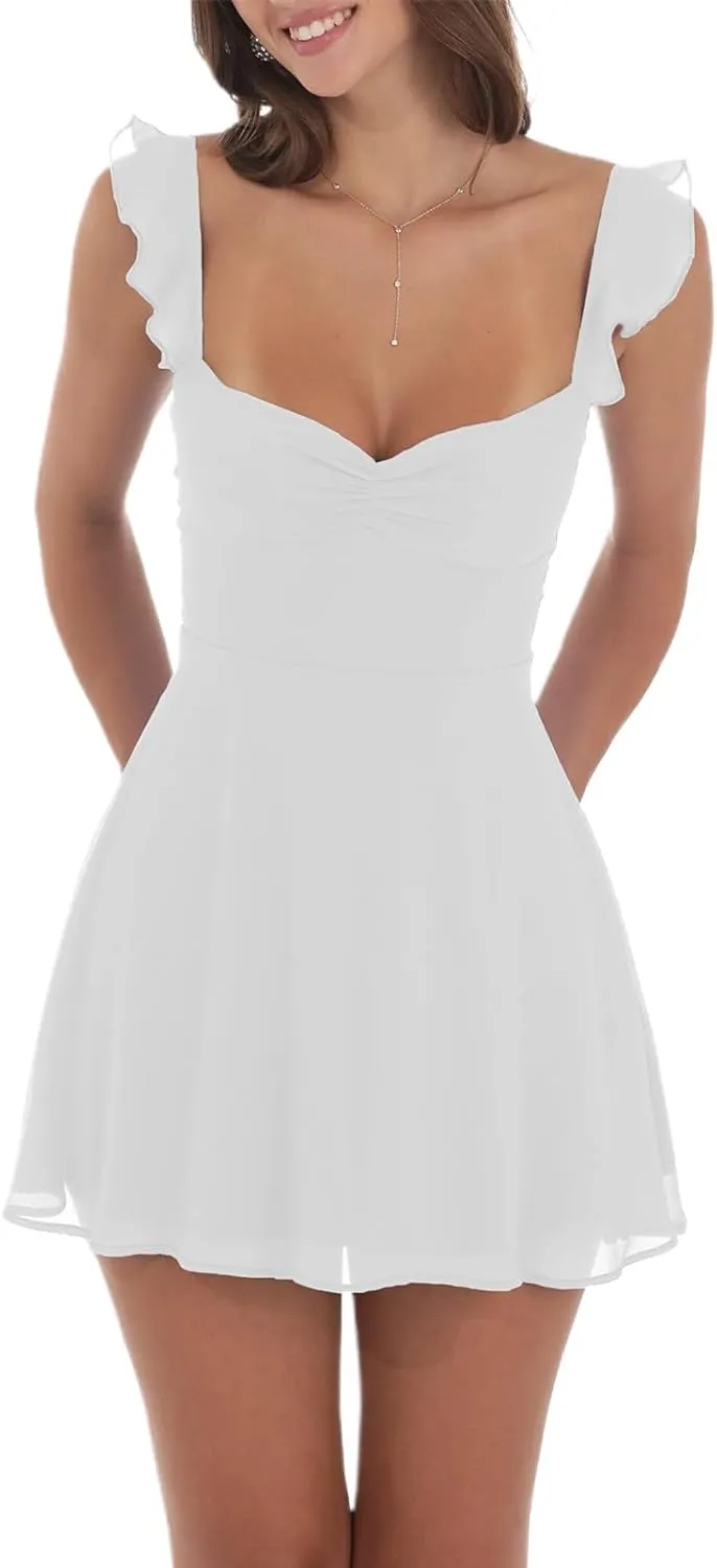 Women Fairy Lace Mini Cami Dress Y2k Sleeveless Ruffle Solid Dress Backless Smocked Waist Mesh Dress