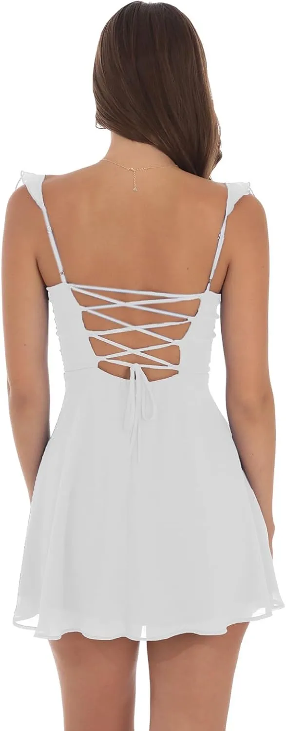 Women Fairy Lace Mini Cami Dress Y2k Sleeveless Ruffle Solid Dress Backless Smocked Waist Mesh Dress