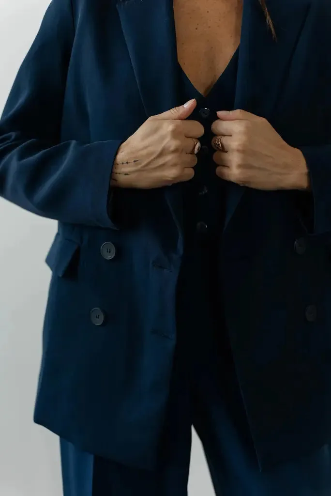 Women Navy Blue Double Breasted 3 Piece Suit For Office and Meetings, Classic Formal Outfit for Her