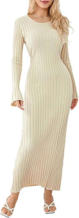 Women Sweater Dress Ribbed Long Sleeve Crewneck Knit Slim Fit Bodycon Dress Fall Maxi Long Dress