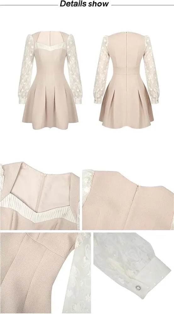 Women's Elegant Casual Dress Lace Splicing Square Neck A-Line Dress Long Sleeve Slim Fit Short Dress(Small)
