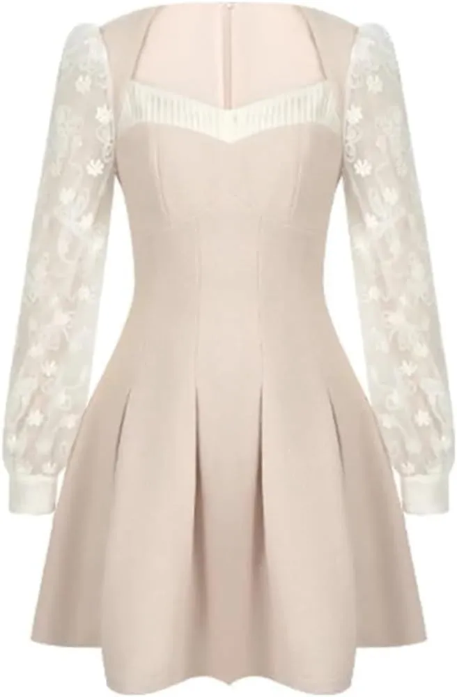 Women's Elegant Casual Dress Lace Splicing Square Neck A-Line Dress Long Sleeve Slim Fit Short Dress(Small)