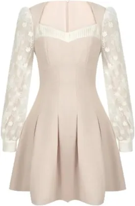 Women's Elegant Casual Dress Lace Splicing Square Neck A-Line Dress Long Sleeve Slim Fit Short Dress(Small)