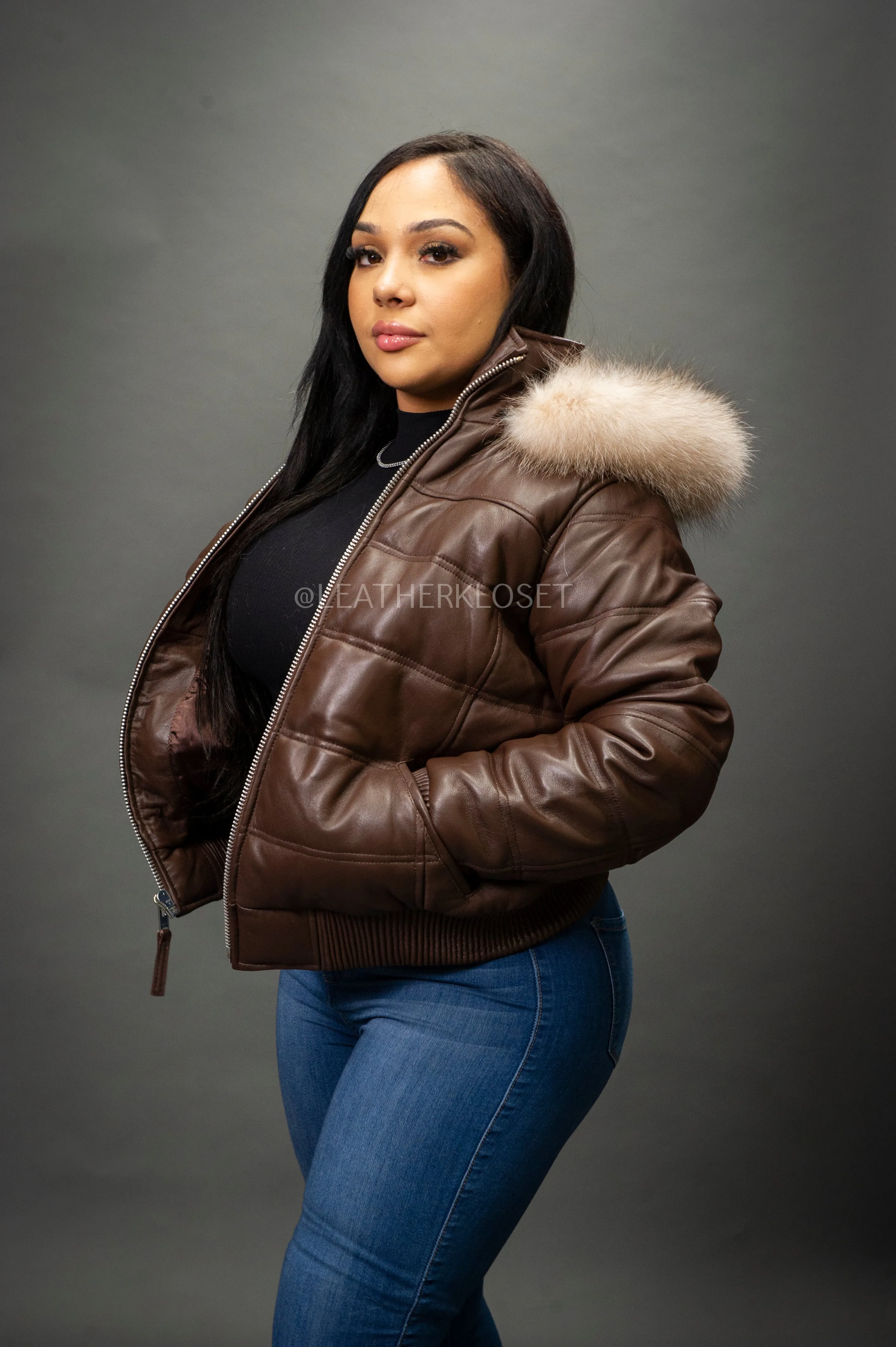 Women's Leather Snorkel Bomber Jacket [Chocolate]