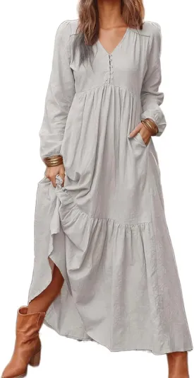 Women's Linen Maxi Dress Long Sleeve with Pockets Boho Beach Pleated Long Dress Casual V-Neck Tiered Ruffle Dresses