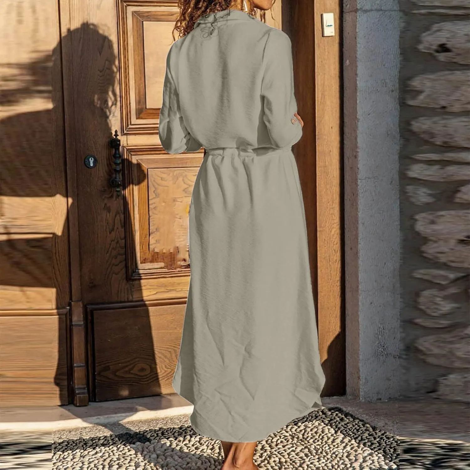 Women's Maxi Shirt Dress 2024 Spring Summer Long Sleeve Dresses Lapel V Neck A Line Flowy Elegant Party Long Dresses
