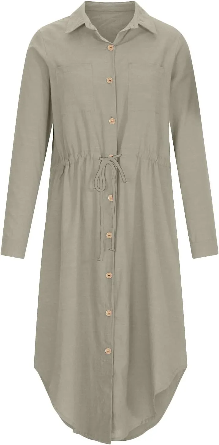 Women's Maxi Shirt Dress 2024 Spring Summer Long Sleeve Dresses Lapel V Neck A Line Flowy Elegant Party Long Dresses