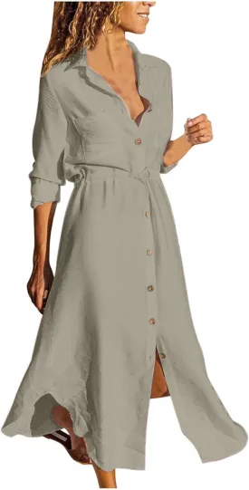 Women's Maxi Shirt Dress 2024 Spring Summer Long Sleeve Dresses Lapel V Neck A Line Flowy Elegant Party Long Dresses