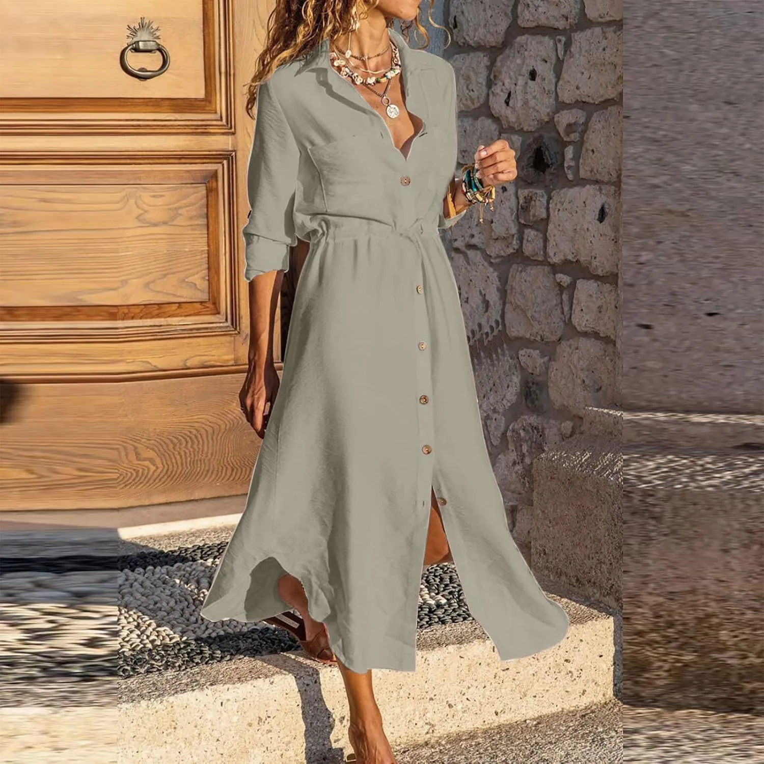 Women's Maxi Shirt Dress 2024 Spring Summer Long Sleeve Dresses Lapel V Neck A Line Flowy Elegant Party Long Dresses