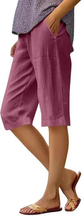 Women's Pedal Pushers Linen Bermuda Shorts Wide Leg Cropped Pants Casual Palazzo Pant with Pockets