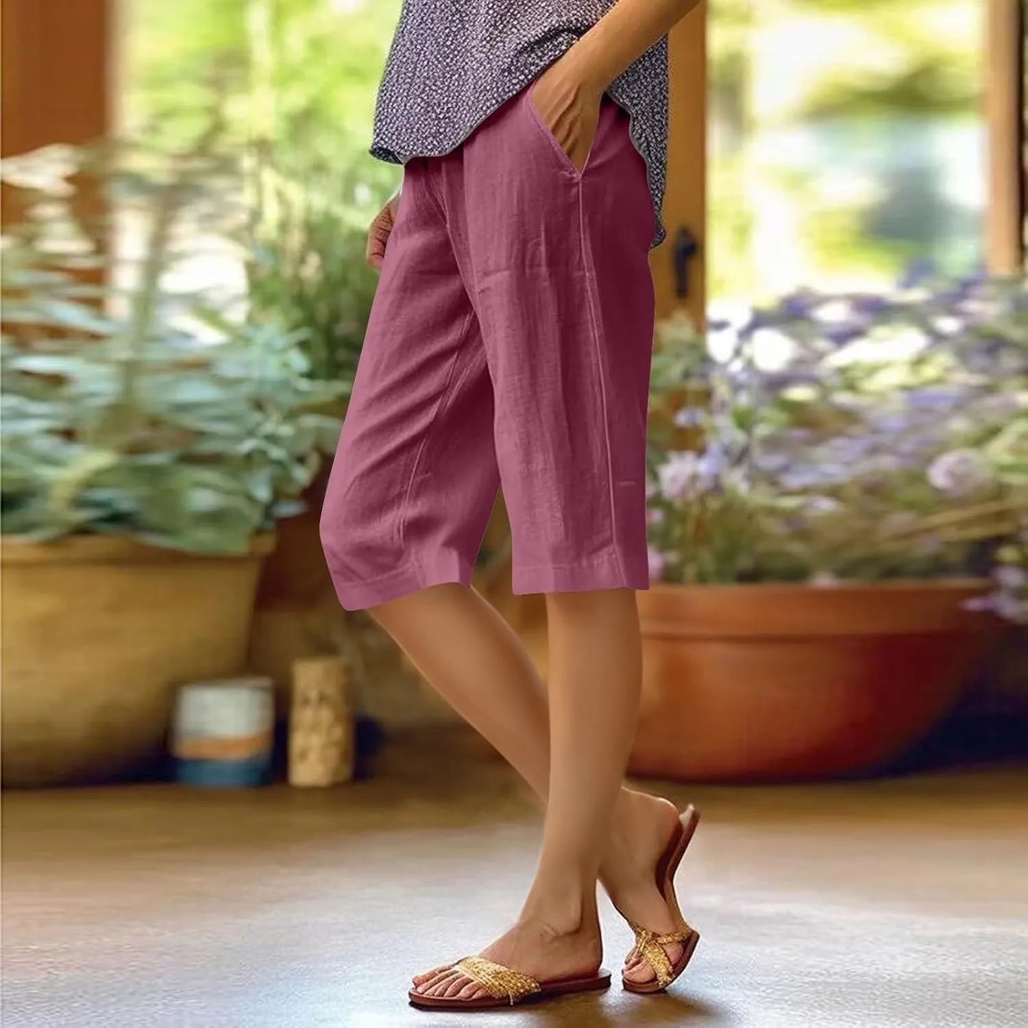 Women's Pedal Pushers Linen Bermuda Shorts Wide Leg Cropped Pants Casual Palazzo Pant with Pockets