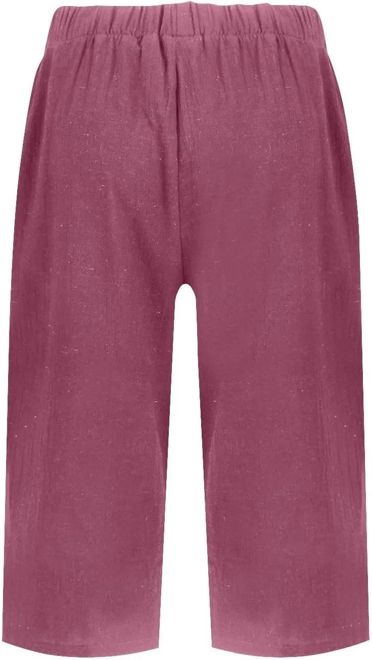 Women's Pedal Pushers Linen Bermuda Shorts Wide Leg Cropped Pants Casual Palazzo Pant with Pockets