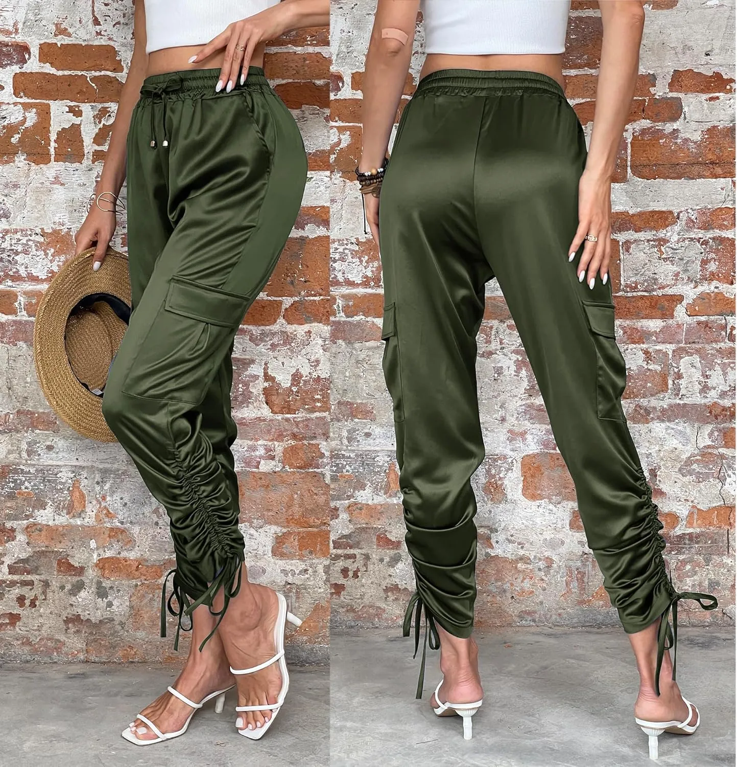 Women's Pocketed Cargo Jogger Satin Pants Dressy Casual High Waist Sweaterpants