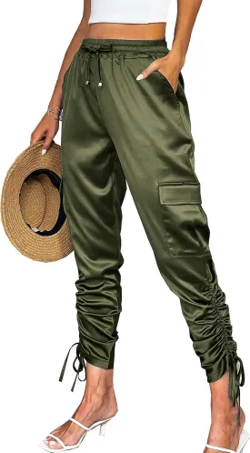 Women's Pocketed Cargo Jogger Satin Pants Dressy Casual High Waist Sweaterpants