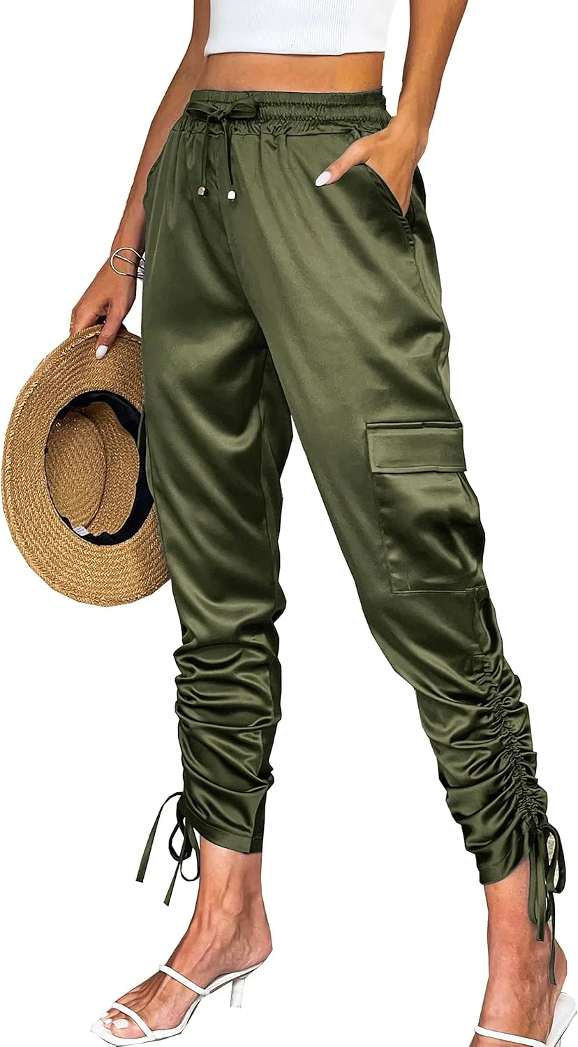 Women's Pocketed Cargo Jogger Satin Pants Dressy Casual High Waist Sweaterpants