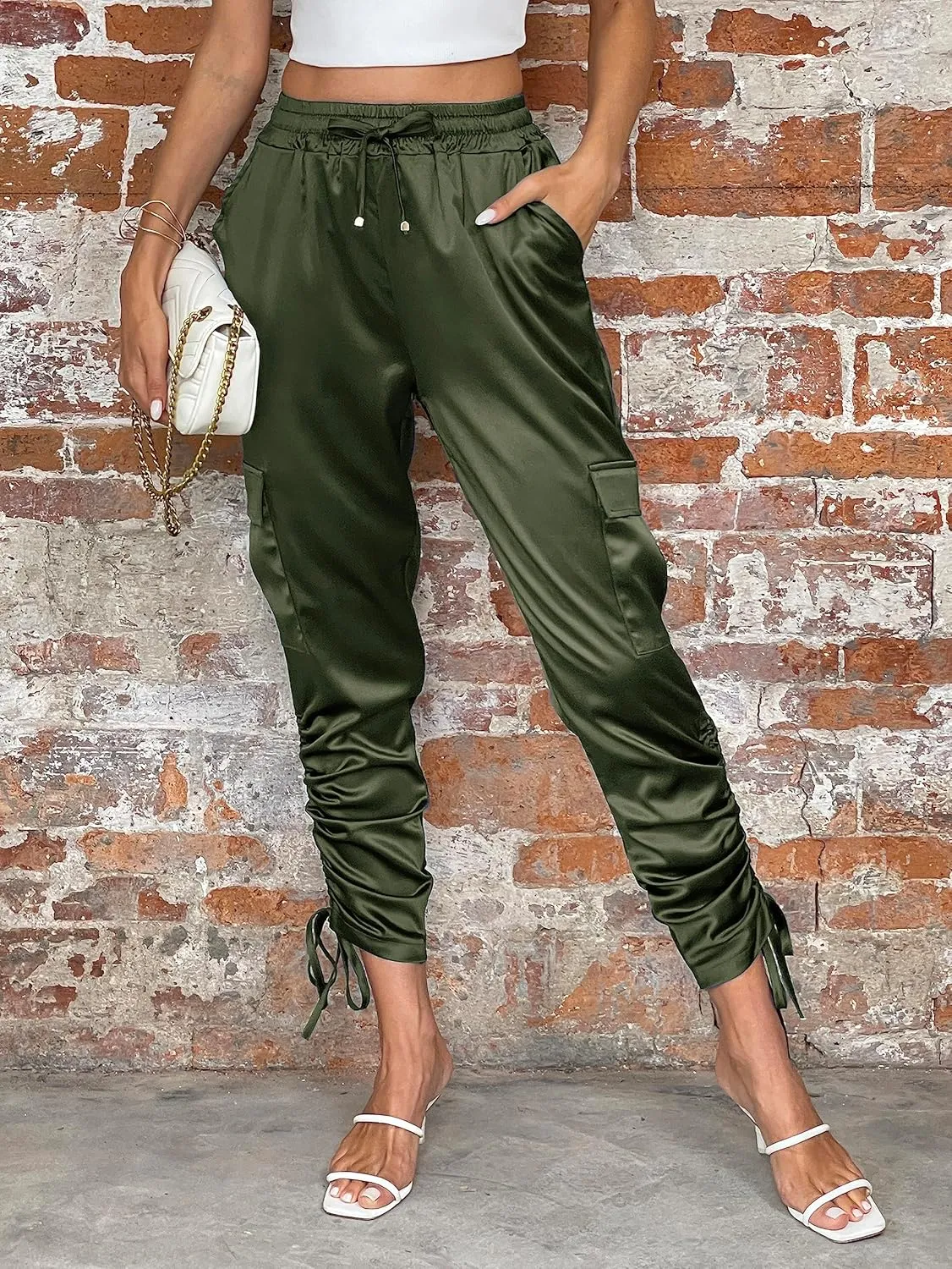 Women's Pocketed Cargo Jogger Satin Pants Dressy Casual High Waist Sweaterpants