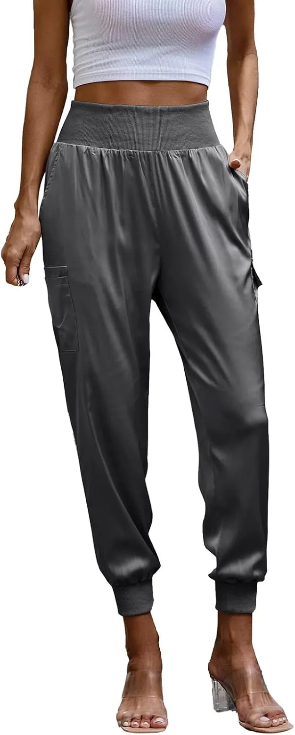 Womens Satin Jogger Pants Casual High Waist Pull on Lounge Trousers Casual Ankle Length Silky Satin Cargo Pants