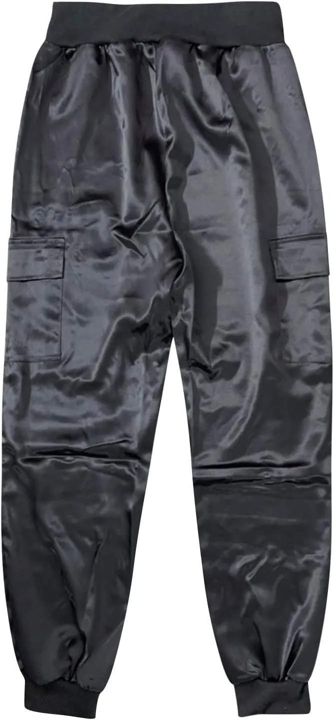 Womens Satin Jogger Pants Casual High Waist Pull on Lounge Trousers Casual Ankle Length Silky Satin Cargo Pants