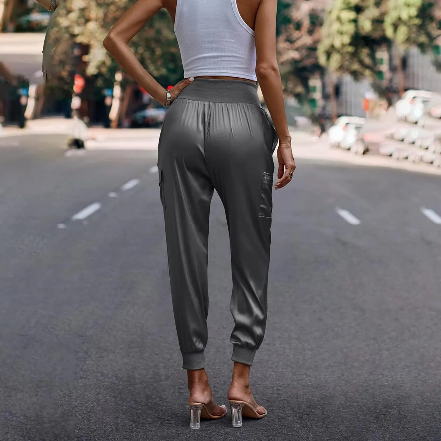 Womens Satin Jogger Pants Casual High Waist Pull on Lounge Trousers Casual Ankle Length Silky Satin Cargo Pants