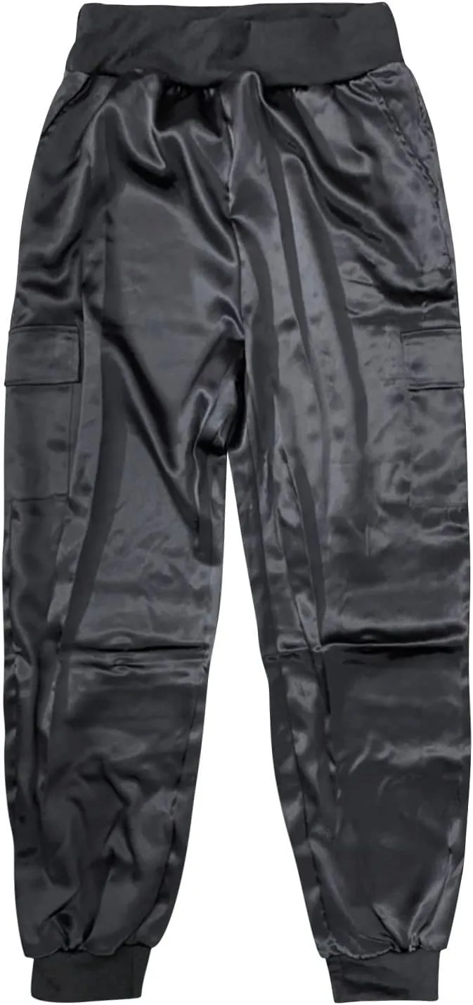 Womens Satin Jogger Pants Casual High Waist Pull on Lounge Trousers Casual Ankle Length Silky Satin Cargo Pants