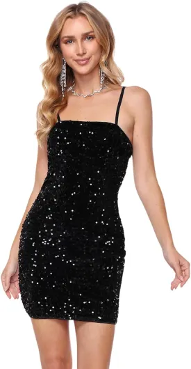 Women's Sequin Dress Sexy Sparkly Glitter Short Velvet Night Out Party Club Adjustable Spaghetti Straps Bodycon Mini Dresses