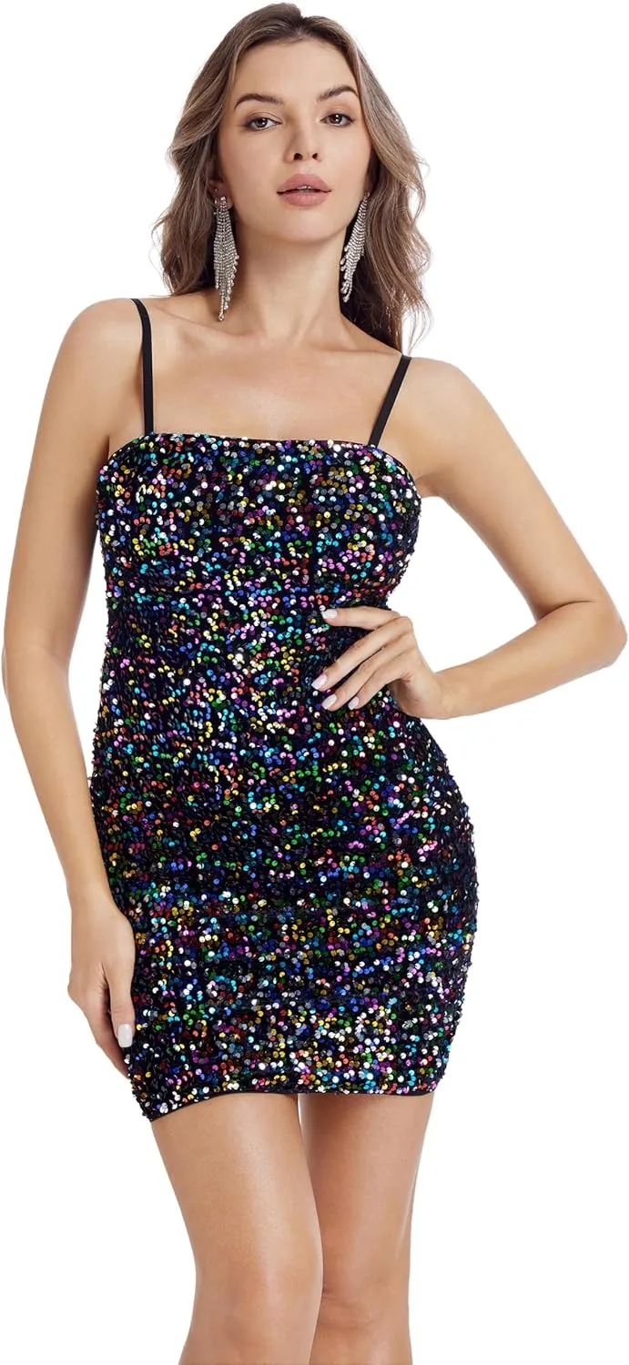Women's Sequin Dress Sexy Sparkly Glitter Short Velvet Night Out Party Club Adjustable Spaghetti Straps Bodycon Mini Dresses