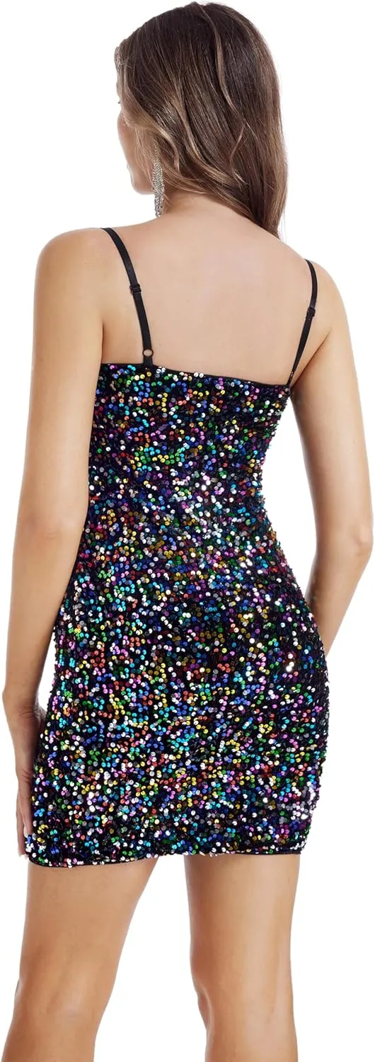 Women's Sequin Dress Sexy Sparkly Glitter Short Velvet Night Out Party Club Adjustable Spaghetti Straps Bodycon Mini Dresses