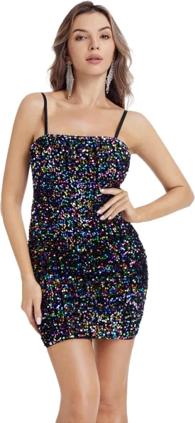 Women's Sequin Dress Sexy Sparkly Glitter Short Velvet Night Out Party Club Adjustable Spaghetti Straps Bodycon Mini Dresses