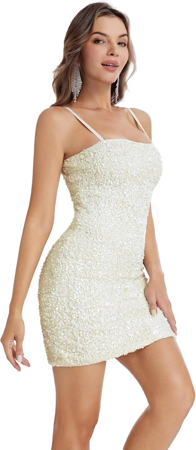 Women's Sequin Dress Sexy Sparkly Glitter Short Velvet Night Out Party Club Adjustable Spaghetti Straps Bodycon Mini Dresses