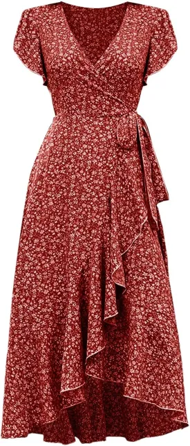 Womens Summer Maxi Dress Casual Beach Sundresses Hawaiian Vacation Floral Flowy V Neck Waist Puffy Sleeve Dress