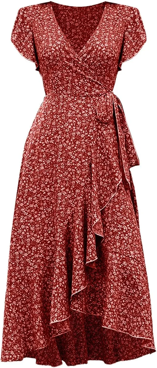 Womens Summer Maxi Dress Casual Beach Sundresses Hawaiian Vacation Floral Flowy V Neck Waist Puffy Sleeve Dress