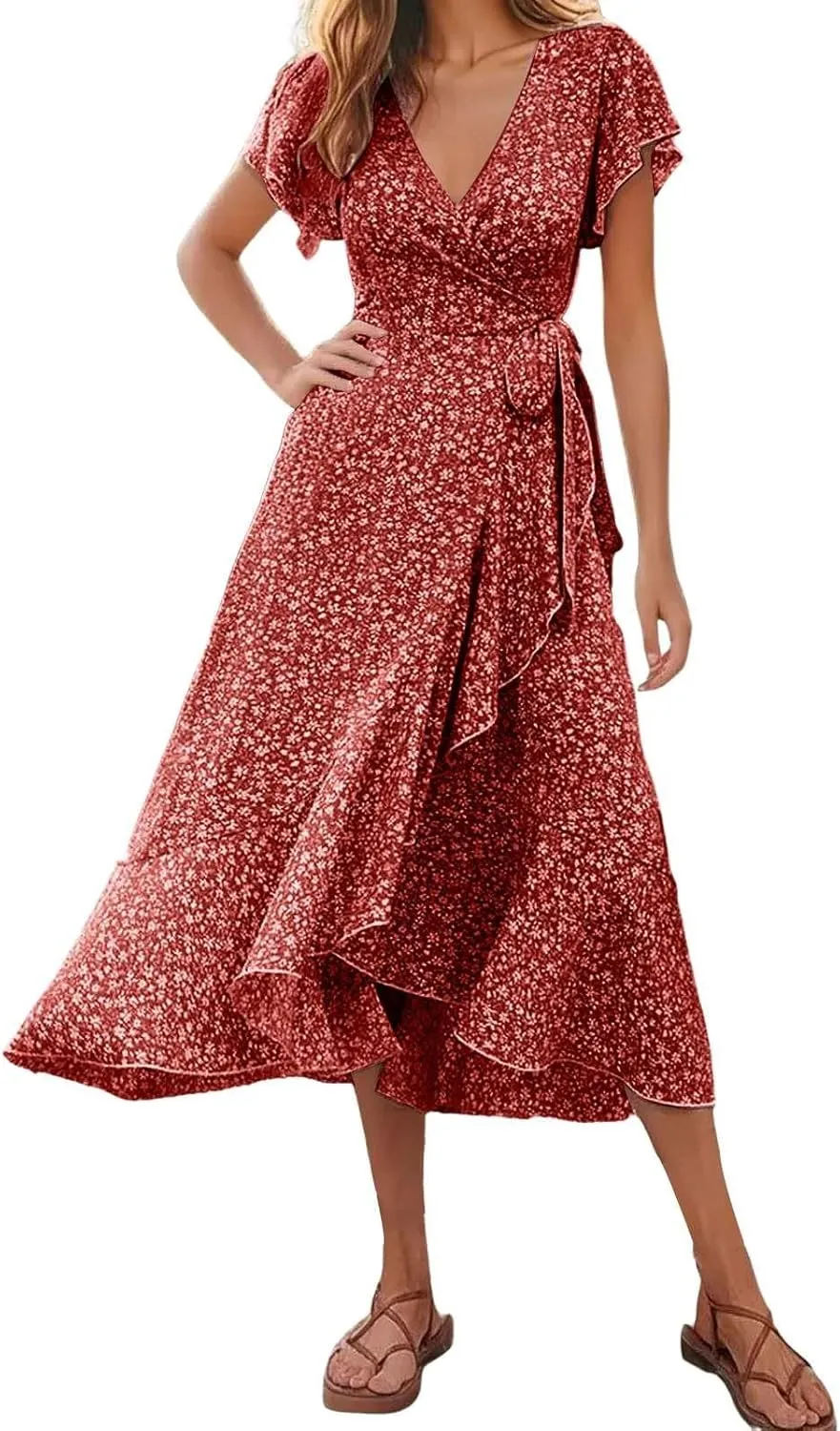 Womens Summer Maxi Dress Casual Beach Sundresses Hawaiian Vacation Floral Flowy V Neck Waist Puffy Sleeve Dress