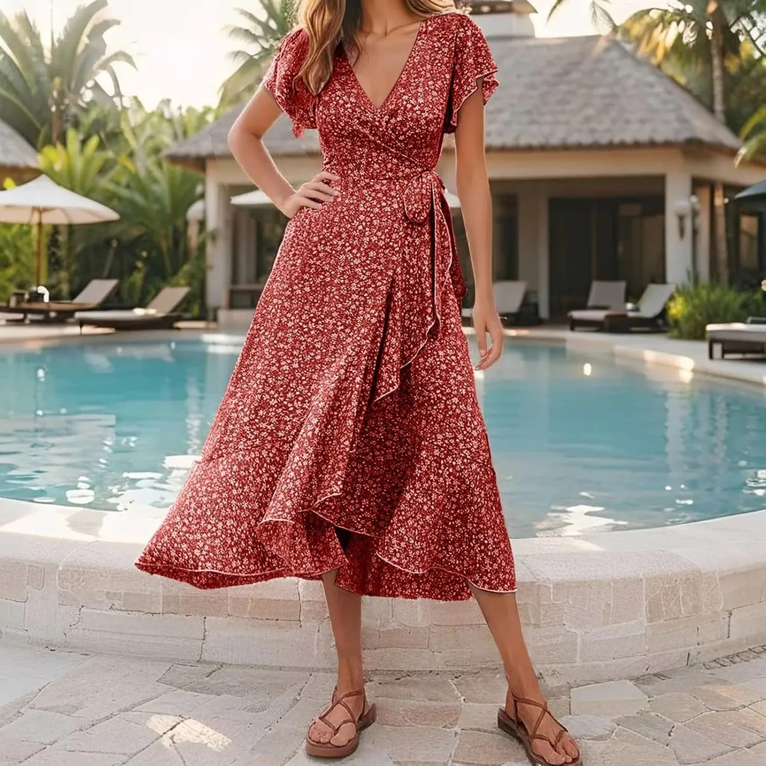Womens Summer Maxi Dress Casual Beach Sundresses Hawaiian Vacation Floral Flowy V Neck Waist Puffy Sleeve Dress
