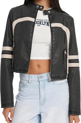 Wuitrie Womens Faux Leather Jacket Color Block Cropped Jacket Long Sleeve Zipper Motorcycle Jacket Vintage Coat Streetwear